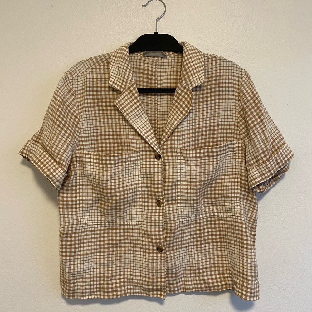 Everlane Tan stripe short sleeve linen notch shirt